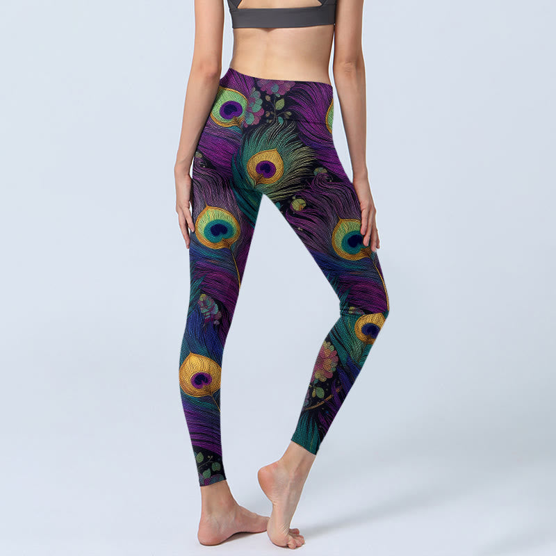 Buddha Stones Gorgeous Peacock Feather Flower Pattern Print Gym Leggings Women's Yoga Pants - image 3