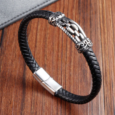 Buddha Stones Chain Link Design Titanium Steel Multi-layer Leather Balance Braided Bracelet - image 10