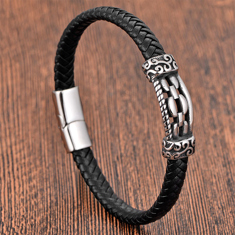 Buddha Stones Chain Link Design Titanium Steel Multi-layer Leather Balance Braided Bracelet - Single Layer(Wrist Circumference: 17-19cm) - image 9
