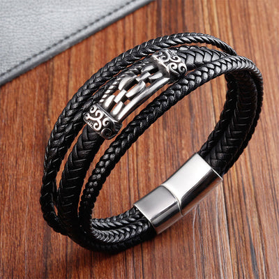 Buddha Stones Chain Link Design Titanium Steel Multi-layer Leather Balance Braided Bracelet - image 2
