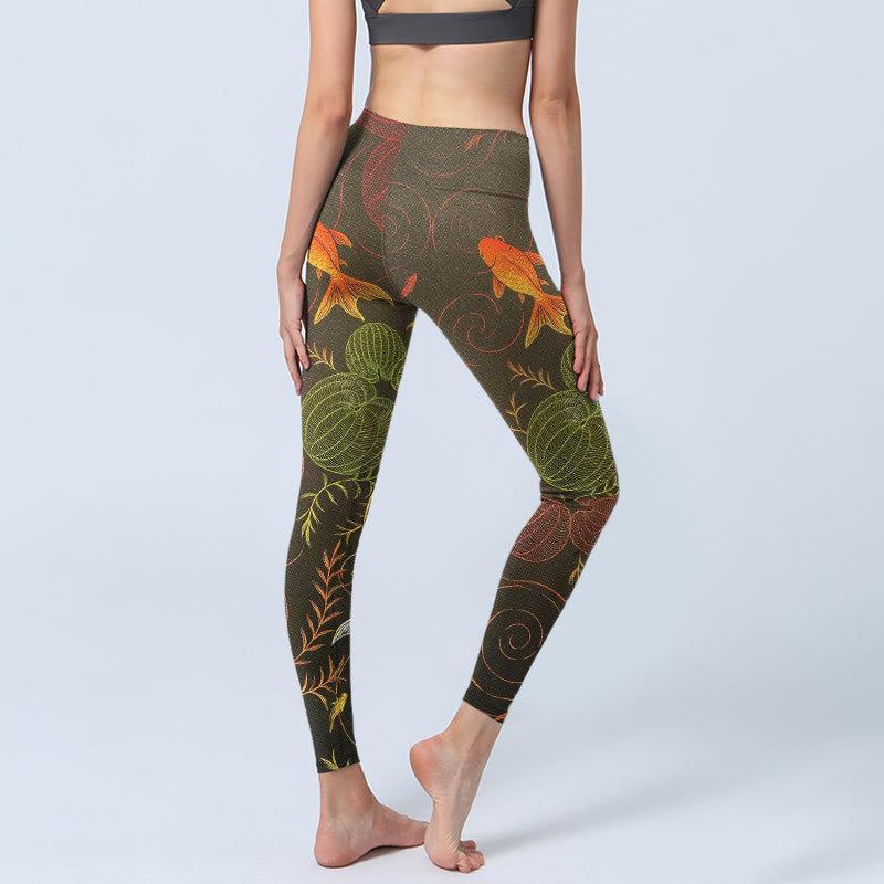 Buddha Stones Colorful Koi Fish Water Ripples Plant Pattern Print Gym Leggings Women's Yoga Pants - image 3