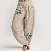 Foviel Pure Cotton Dreamy Dragonfly Pattern Women's Elastic Waist Harem Pants