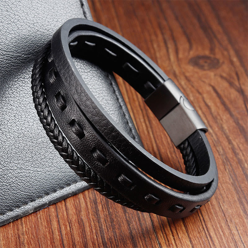 Buddha Stones Titanium Steel Buckle Multilayered Braided Leather Calm Bracelet - image 2