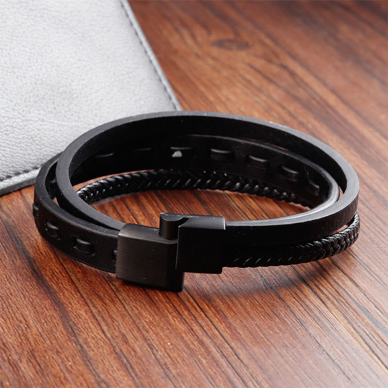 Buddha Stones Titanium Steel Buckle Multilayered Braided Leather Calm Bracelet - image 3