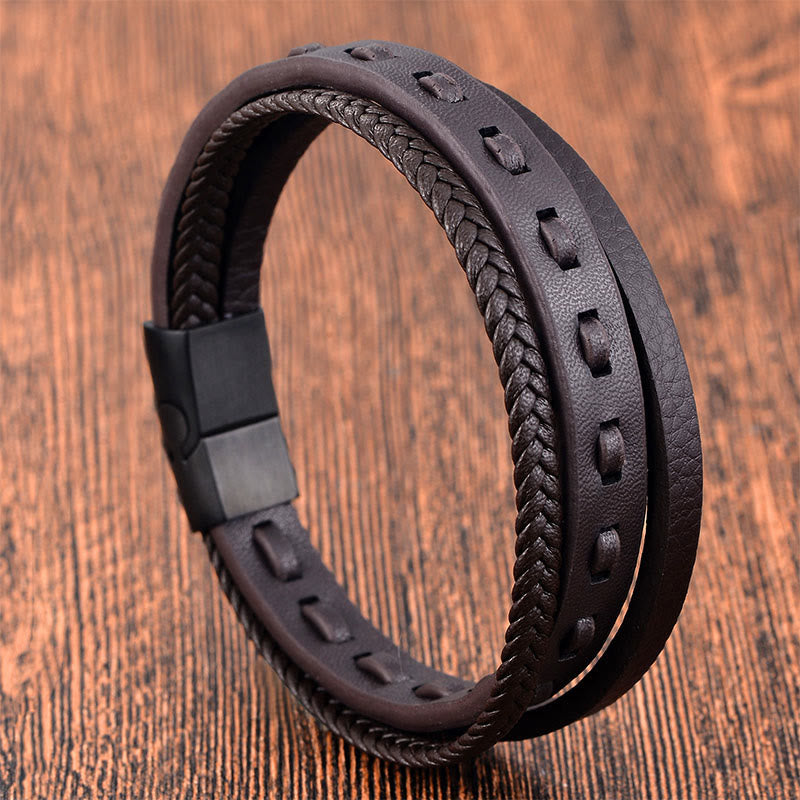 Buddha Stones Titanium Steel Buckle Multilayered Braided Leather Calm Bracelet - image 15
