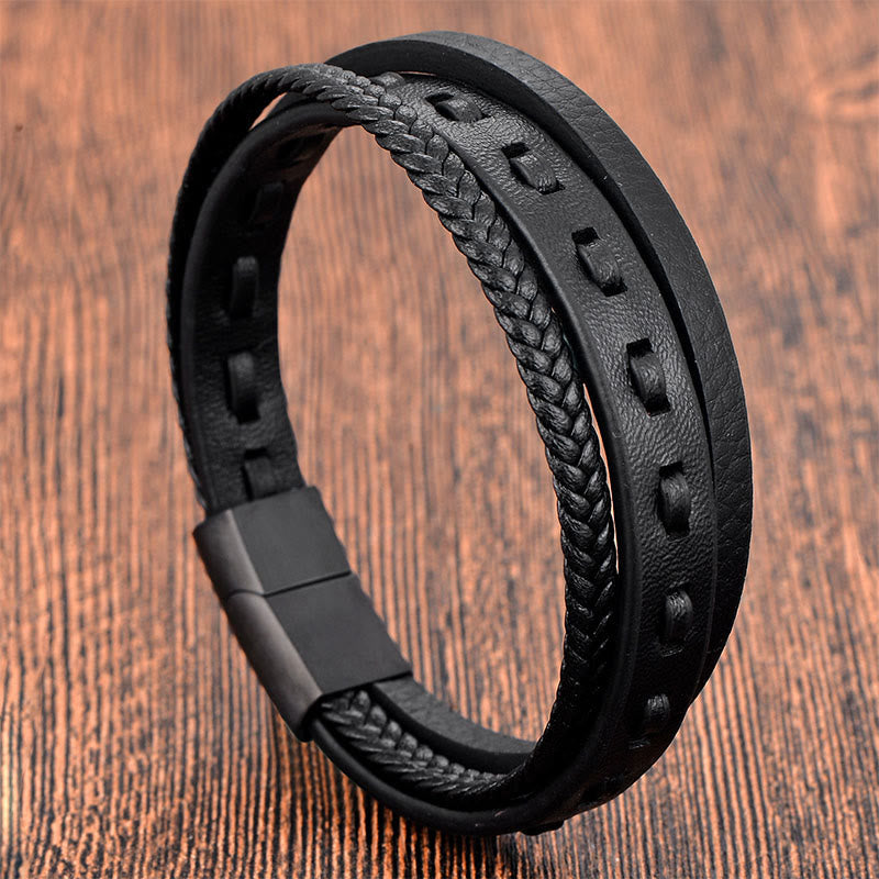 Buddha Stones Titanium Steel Buckle Multilayered Braided Leather Calm Bracelet - image 0