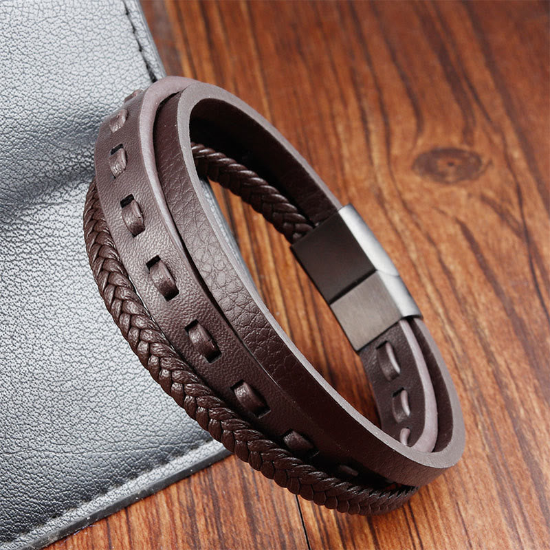 Buddha Stones Titanium Steel Buckle Multilayered Braided Leather Calm Bracelet - image 16