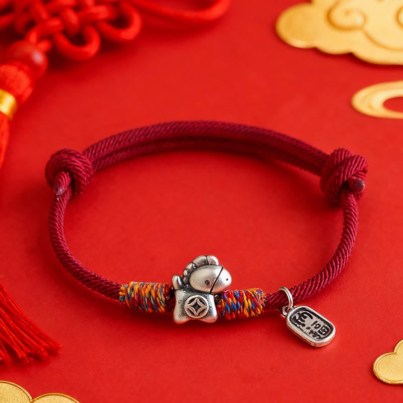 Buddha Stones 999 Sterling Silver Year Of The Horse Fu Character Attract Fortune String Rope Luck Bracelet - image 0