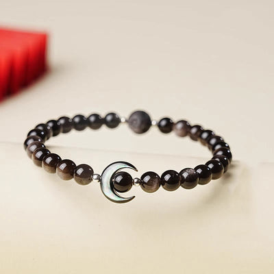 Buddha Stones Moon Design Natural Silver Sheen Obsidian Protection Beaded Bracelet - Silver Sheen Obsidian(Wrist Circumference: 15-17cm) - image 0