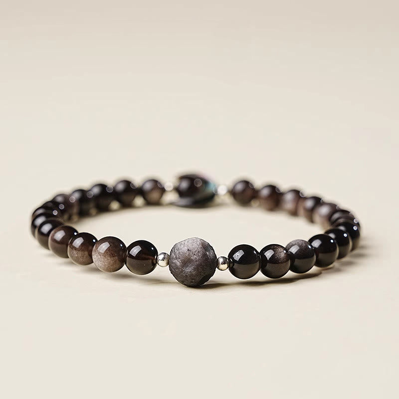 Buddha Stones Moon Design Natural Silver Sheen Obsidian Protection Beaded Bracelet - image 1