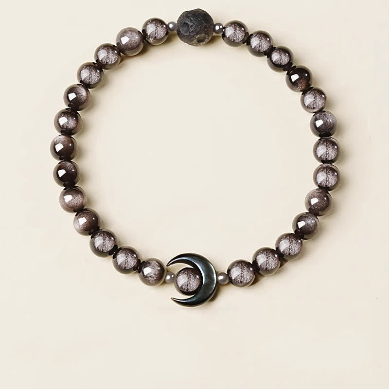 Buddha Stones Moon Design Natural Silver Sheen Obsidian Protection Beaded Bracelet - image 3