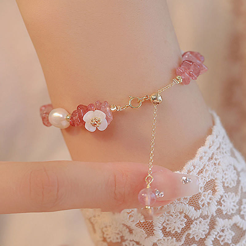 Buddha Stones White Flower Pearl Natural Irregular Strawberry Quartz Healing Chain Bracelet - image 3
