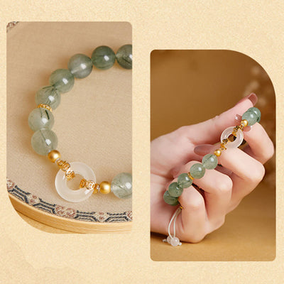 Buddha Stones 925 Sterling Silver Green Rutilated Quartz White Chalcedony Peace Buckle Courage Bracelet - image 8