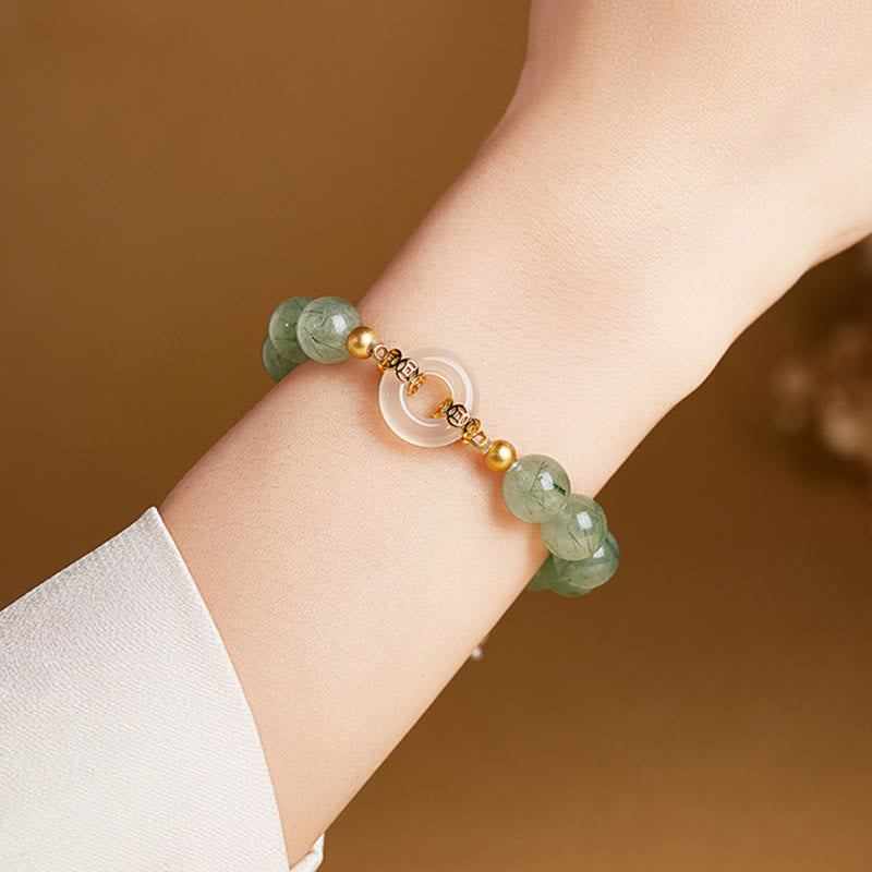 Buddha Stones 925 Sterling Silver Green Rutilated Quartz White Chalcedony Peace Buckle Courage Bracelet - image 10