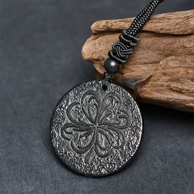 Buddha Stones Four Leaf Clover Authentic Shungite Stone Graphite Stone Protection Necklace Pendant - image 3