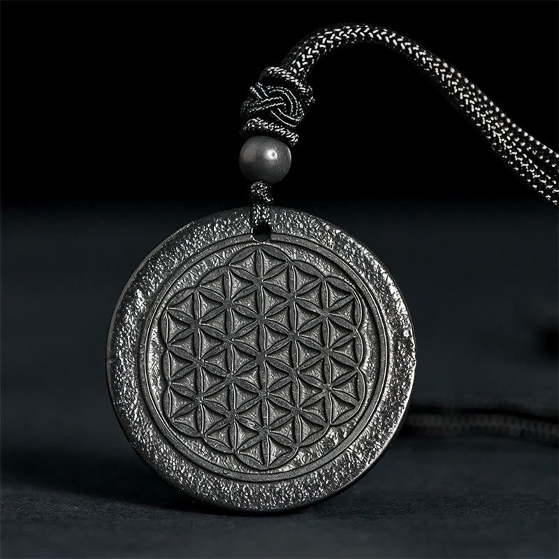 Buddha Stones Flower of Life Carving Design Authentic Shungite Stone Protection Necklace Pendant - Flower of Life(Relief Carving) - 35-40mm - image 0