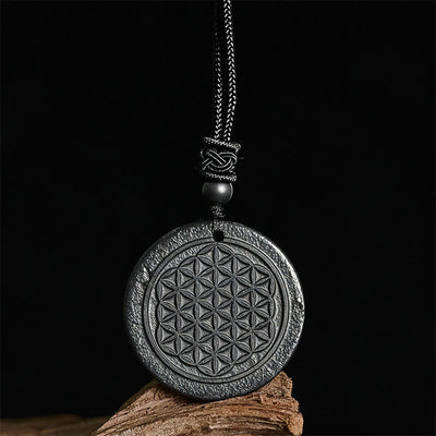 Buddha Stones Flower of Life Carving Design Authentic Shungite Stone Protection Necklace Pendant - image 2