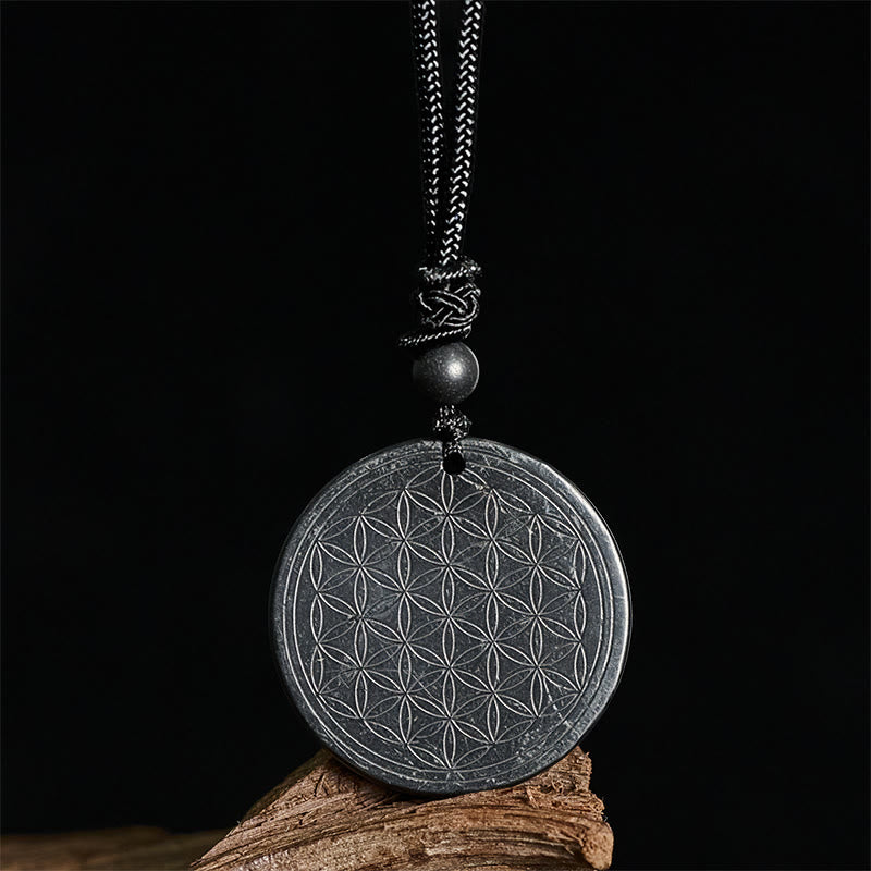 Buddha Stones Flower of Life Carving Design Authentic Shungite Stone Protection Necklace Pendant - image 11