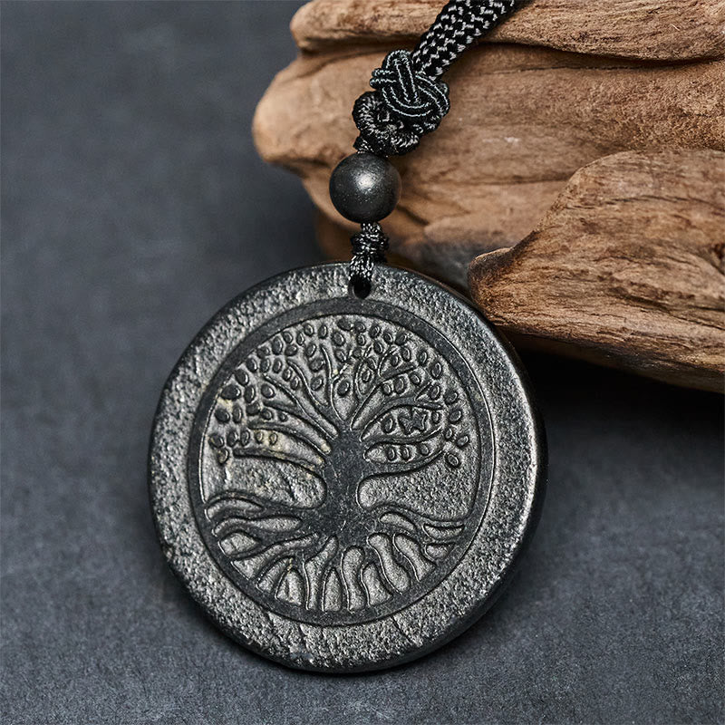 Buddha Stones The Tree of Life Carving Pattern Authentic Shungite Stone Protection Necklace Pendant - image 1