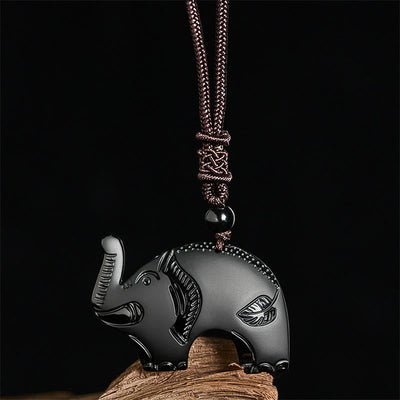 Buddha Stones Elephant Symbol Carved Design Black Obsidian Strength Necklace Pendant - image 2