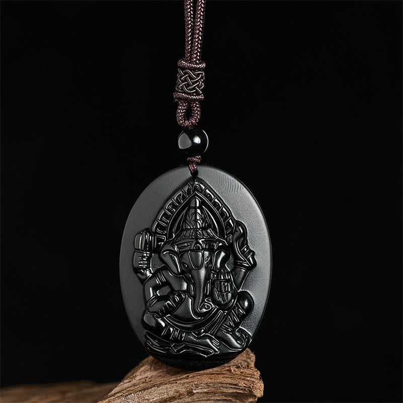 Buddha Stones Ganesh Elephant Relief Design Natural Black Obsidian Strength Necklace Pendant - image 2