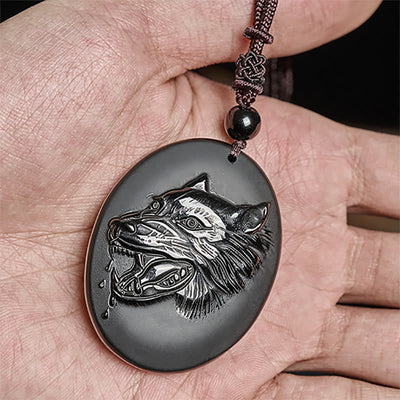 Buddha Stones Wolf Head Natural Black Obsidian Strength Necklace Pendant - image 6