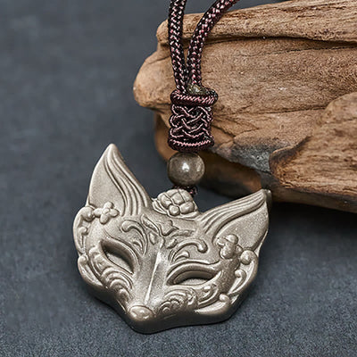 Buddha Stones Relief Fox Design Silver Sheen Obsidian Ice Obsidian Protection Necklace Pendant - image 1
