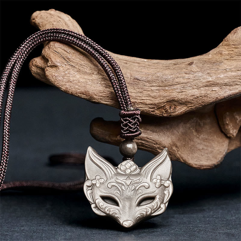Buddha Stones Relief Fox Design Silver Sheen Obsidian Ice Obsidian Protection Necklace Pendant - image 2