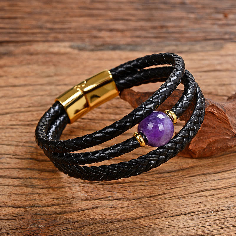 Buddha Stones Multicolored Bead Green Tiger Eye Amethyst Craved Six True Words Leather Balance Bracelet - Amethyst - 18-22cm - image 3