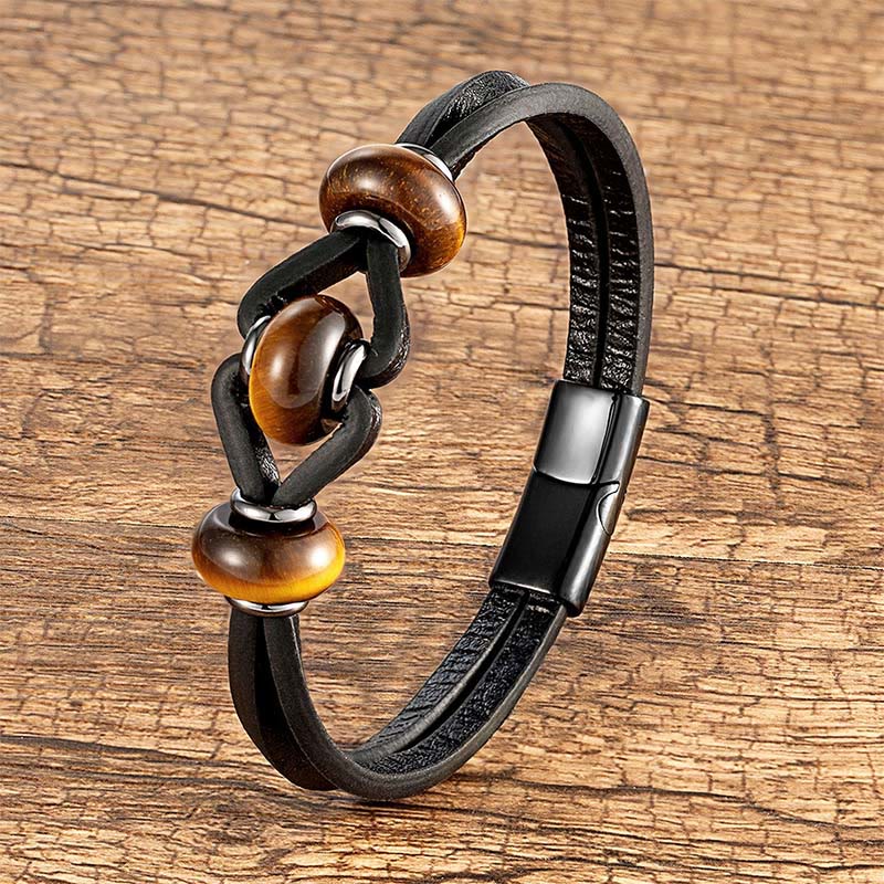 Buddha Stones Amethyst Crystal Stone Double Leather Relieves Stress Round Bracelet - Tiger Eye - 19-21cm - image 11
