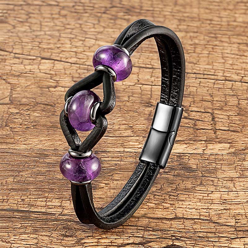 Buddha Stones Amethyst Crystal Stone Double Leather Relieves Stress Round Bracelet - Amethyst - 19-21cm - image 0