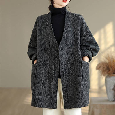Buddha Stones Stripe V-Neck Cotton Long Sleeve Women's Coat With Pockets - image 1