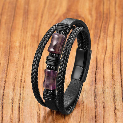 Buddha Stones Green Aventurine Amethyst Black Onyx Pink Crystal Positivit Braided Leather Bracelet - Amethyst - 19-21cm - image 4