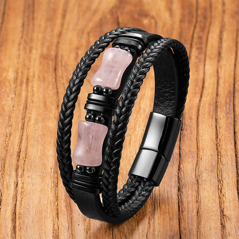 Buddha Stones Green Aventurine Amethyst Black Onyx Pink Crystal Positivit Braided Leather Bracelet - Pink Crystal - 19-21cm - image 8