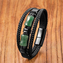 Buddha Stones Green Aventurine Amethyst Black Onyx Pink Crystal Positivit Braided Leather Bracelet - Green Aventurine - 19-21cm - image 0