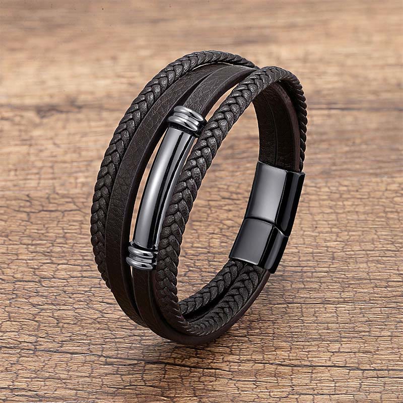 Buddha Stones Multi-layered Simple Design Leather Titanium Steel Balance Bracelet - Black - 19-21cm - image 0