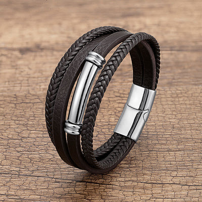 Buddha Stones Multi-layered Simple Design Leather Titanium Steel Balance Bracelet - Silver - 19-21cm - image 3