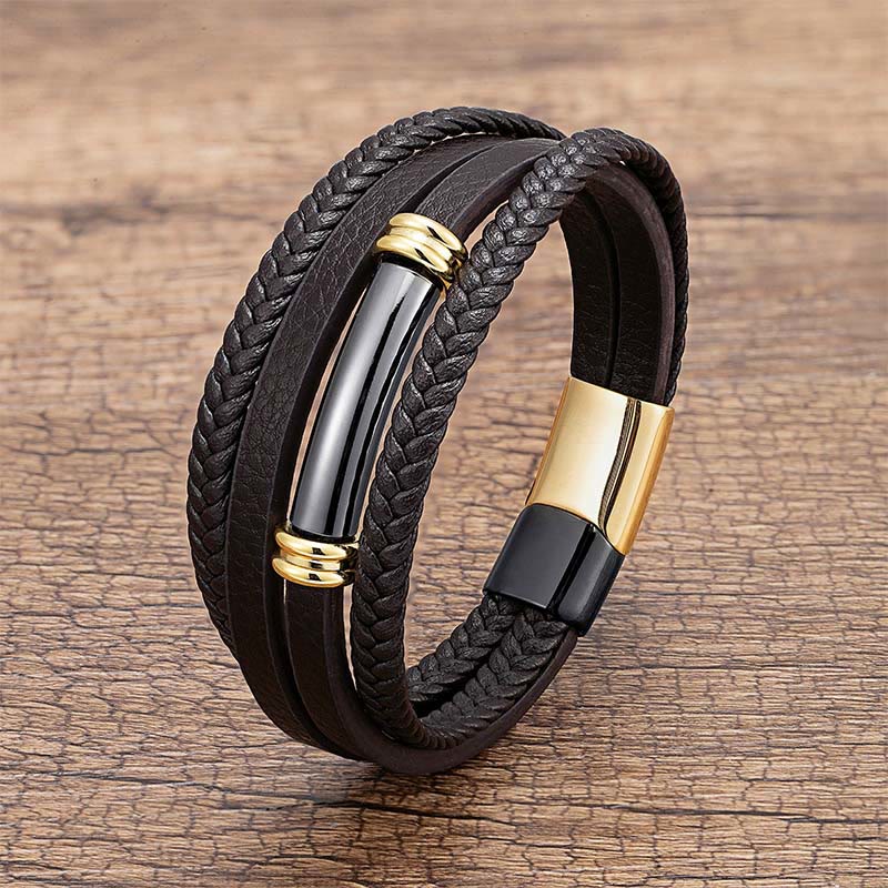 Buddha Stones Multi-layered Simple Design Leather Titanium Steel Balance Bracelet - Black&Gold - 19-21cm - image 6