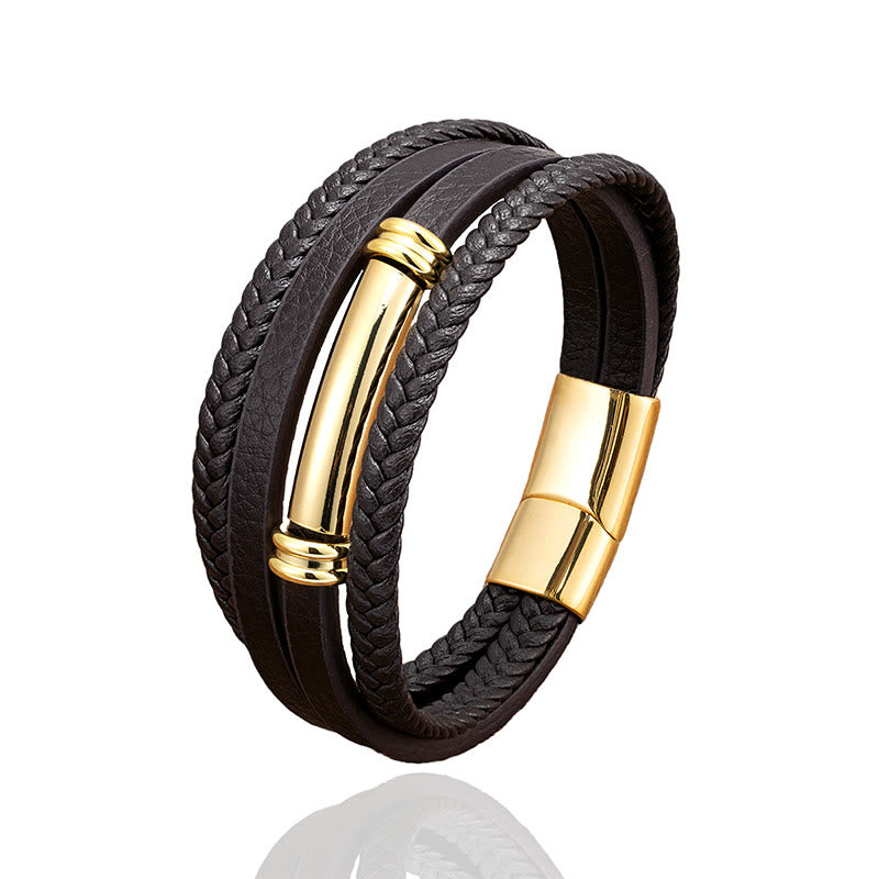 Buddha Stones Multi-layered Simple Design Leather Titanium Steel Balance Bracelet - image 5