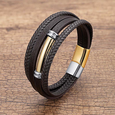 Buddha Stones Multi-layered Simple Design Leather Titanium Steel Balance Bracelet - Gold&Silver - 19-21cm - image 8