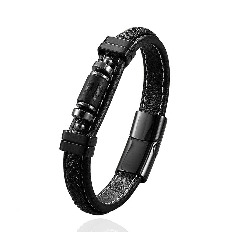 Buddha Stones Om Mani Padme Hum Dragon Symbol Black Onyx Leather Titanium Steel Balance Protection Bracelet - image 11