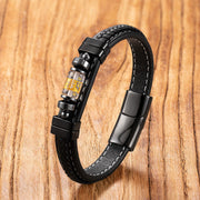 Foviel Om Mani Padme Hum Dragon Symbol Black Onyx Leather Titanium Steel Balance Protection Bracelet