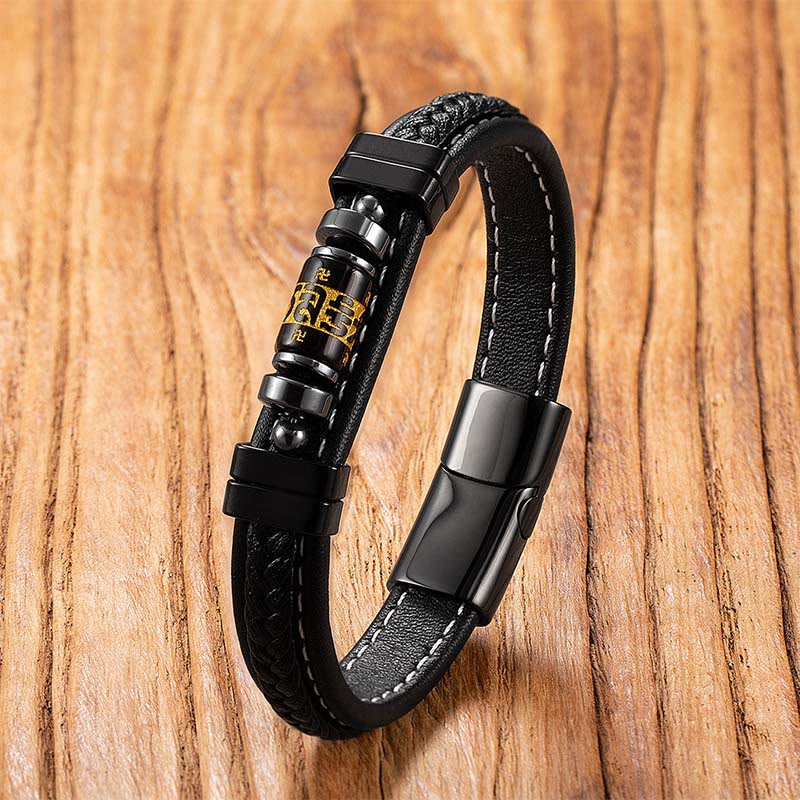 Buddha Stones Om Mani Padme Hum Dragon Symbol Black Onyx Leather Titanium Steel Balance Protection Bracelet - Black Onyx Mantra - 18-22cm - image 12