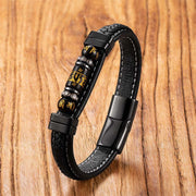 Foviel Om Mani Padme Hum Dragon Symbol Black Onyx Leather Titanium Steel Balance Protection Bracelet