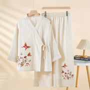 Ensemble de pyjama Foviel 2 pièces en coton, haut à manches longues et col en V à motif floral et papillons colorés et pantalon avec poches
