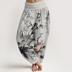 Buddha Stones Cotton Plum Blossoms Bamboo Orchids Chrysanthemums Pattern Women's Elastic Waist Harem Pants - LightGrey - US22，UK/AU26，EU54 (6XL) - image 0