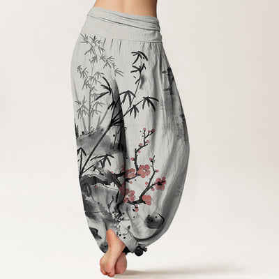 Buddha Stones Cotton Plum Blossoms Bamboo Orchids Chrysanthemums Pattern Women's Elastic Waist Harem Pants - image 1
