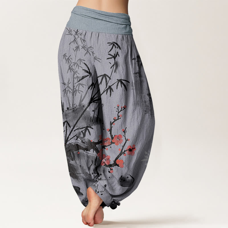 Buddha Stones Cotton Plum Blossoms Bamboo Orchids Chrysanthemums Pattern Women's Elastic Waist Harem Pants - image 8