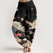 Foviel reine Baumwolle Cranes Pfirsichblüten Ozean Damen elastische Taille Harem Hose