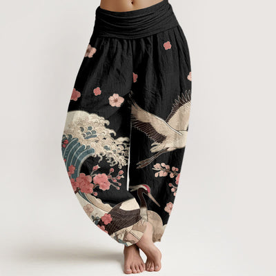 Buddha Stones Pure Cotton Cranes Peach Blossoms Ocean Women's Elastic Waist Harem Pants - Black - US16，UK/AU20，EU48 (3XL) - image 5
